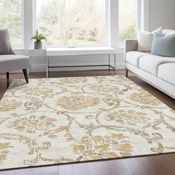 9' X 12' Ivory Beige And Gold Floral Washable Indoor Outdoor Area Rug