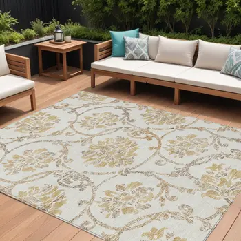 10' X 14' Ivory Beige And Gold Floral Washable Indoor Outdoor Area Rug