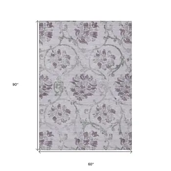 5' X 8' Lavender Purple And Gray Floral Washable Indoor Outdoor Area Rug