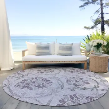 8' Lavender Purple And Gray Round Floral Washable Indoor Outdoor Area Rug