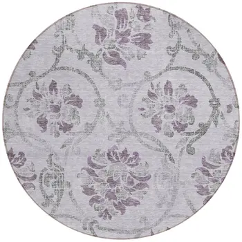 8' Lavender Purple And Gray Round Floral Washable Indoor Outdoor Area Rug