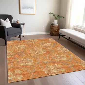 3' X 5' Orange Gray And Beige Floral Washable Indoor Outdoor Area Rug