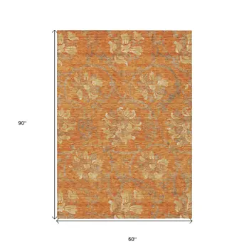 5' X 8' Orange Gray And Beige Floral Washable Indoor Outdoor Area Rug