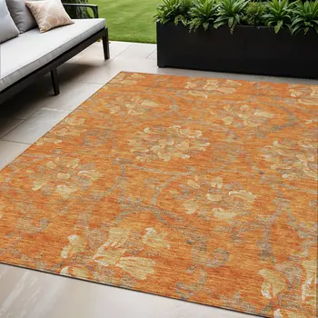 5' X 8' Orange Gray And Beige Floral Washable Indoor Outdoor Area Rug