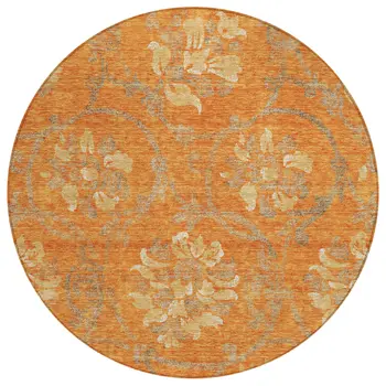 8' Orange Gray And Beige Round Floral Washable Indoor Outdoor Area Rug