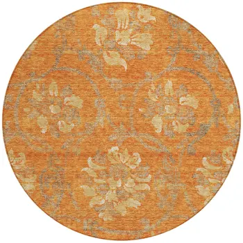 8' Orange Gray And Beige Round Floral Washable Indoor Outdoor Area Rug