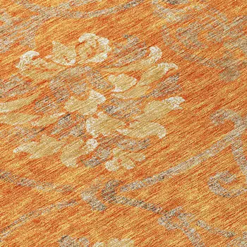 8' Orange Gray And Beige Round Floral Washable Indoor Outdoor Area Rug