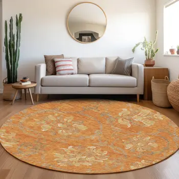 8' Orange Gray And Beige Round Floral Washable Indoor Outdoor Area Rug