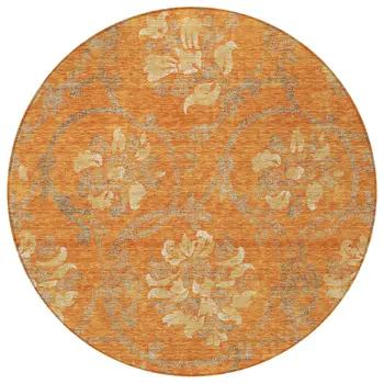 8' Orange Gray And Beige Round Floral Washable Indoor Outdoor Area Rug