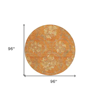 8' Orange Gray And Beige Round Floral Washable Indoor Outdoor Area Rug