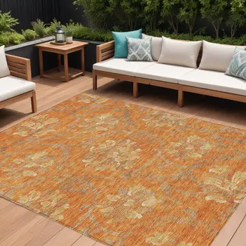 8' X 10' Orange Gray And Beige Floral Washable Indoor Outdoor Area Rug