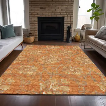 8' X 10' Orange Gray And Beige Floral Washable Indoor Outdoor Area Rug