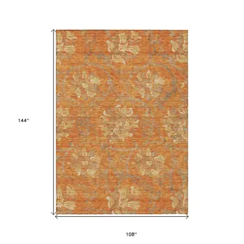9' X 12' Orange Gray And Beige Floral Washable Indoor Outdoor Area Rug