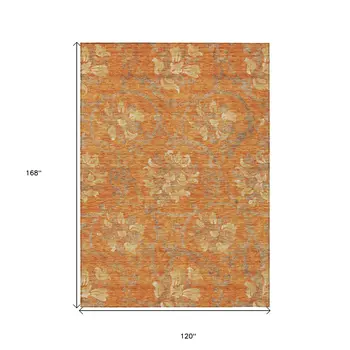 10' X 14' Orange Gray And Beige Floral Washable Indoor Outdoor Area Rug