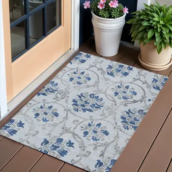 3' X 5' Sky Blue And Gray Floral Washable Indoor Outdoor Area Rug