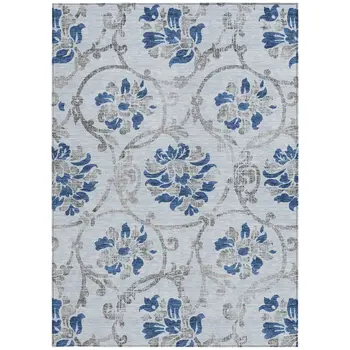 5' X 8' Sky Blue And Gray Floral Washable Indoor Outdoor Area Rug