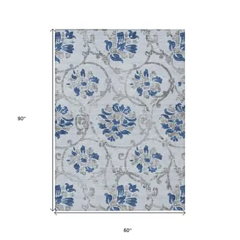 5' X 8' Sky Blue And Gray Floral Washable Indoor Outdoor Area Rug