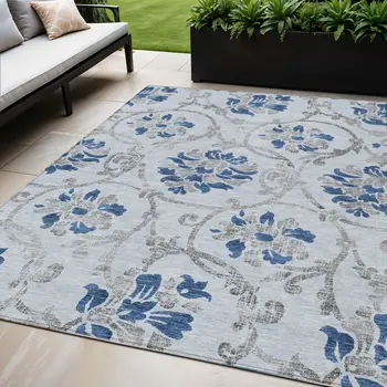5' X 8' Sky Blue And Gray Floral Washable Indoor Outdoor Area Rug