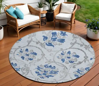 8' Sky Blue And Gray Round Floral Washable Indoor Outdoor Area Rug