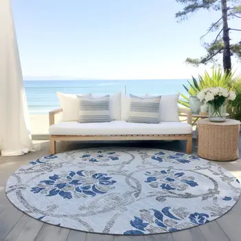 8' Sky Blue And Gray Round Floral Washable Indoor Outdoor Area Rug