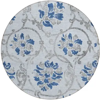8' Sky Blue And Gray Round Floral Washable Indoor Outdoor Area Rug