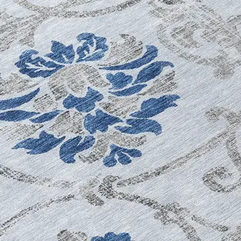 8' Sky Blue And Gray Round Floral Washable Indoor Outdoor Area Rug