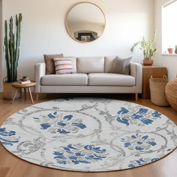 8' Sky Blue And Gray Round Floral Washable Indoor Outdoor Area Rug