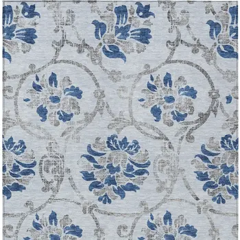8' X 10' Sky Blue And Gray Floral Washable Indoor Outdoor Area Rug