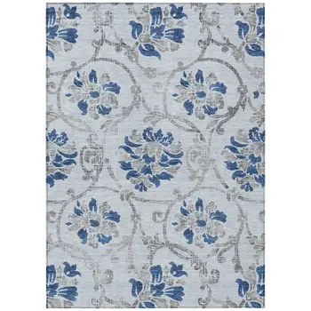 8' X 10' Sky Blue And Gray Floral Washable Indoor Outdoor Area Rug