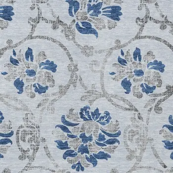 8' X 10' Sky Blue And Gray Floral Washable Indoor Outdoor Area Rug