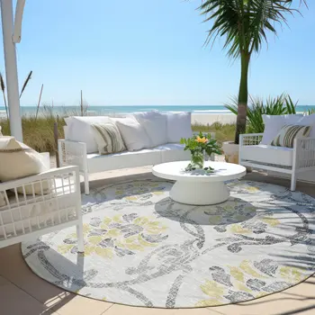 8' Silver Gray And Gold Round Floral Washable Indoor Outdoor Area Rug