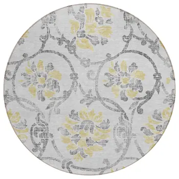 8' Silver Gray And Gold Round Floral Washable Indoor Outdoor Area Rug