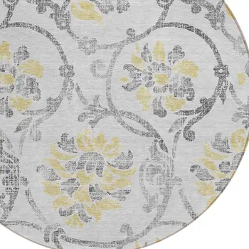8' Silver Gray And Gold Round Floral Washable Indoor Outdoor Area Rug