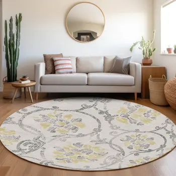 8' Silver Gray And Gold Round Floral Washable Indoor Outdoor Area Rug