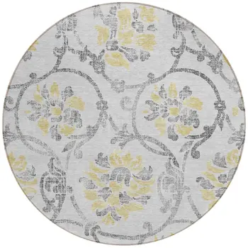 8' Silver Gray And Gold Round Floral Washable Indoor Outdoor Area Rug