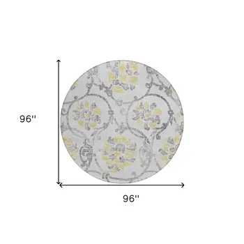 8' Silver Gray And Gold Round Floral Washable Indoor Outdoor Area Rug