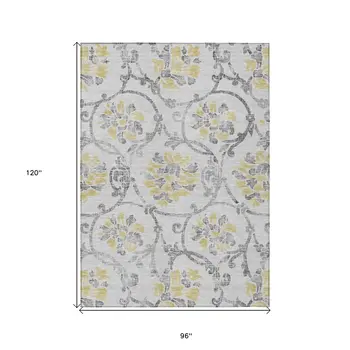 8' X 10' Silver Gray And Gold Floral Washable Indoor Outdoor Area Rug