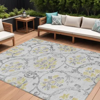 9' X 12' Silver Gray And Gold Floral Washable Indoor Outdoor Area Rug