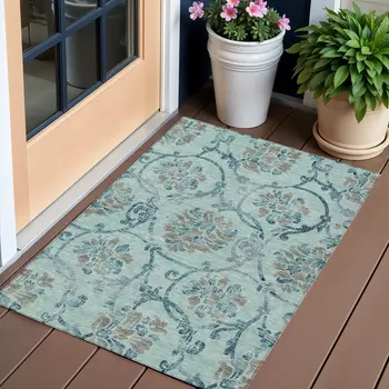 3' X 5' Teal Blue Gray And Aqua Floral Washable Indoor Outdoor Area Rug