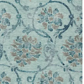 5' X 8' Teal Blue Gray And Aqua Floral Washable Indoor Outdoor Area Rug