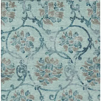 5' X 8' Teal Blue Gray And Aqua Floral Washable Indoor Outdoor Area Rug