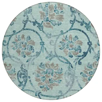 8' Teal Blue Gray And Aqua Round Floral Washable Indoor Outdoor Area Rug