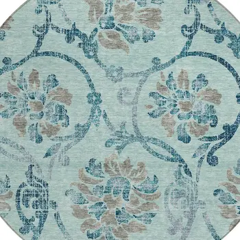 8' Teal Blue Gray And Aqua Round Floral Washable Indoor Outdoor Area Rug