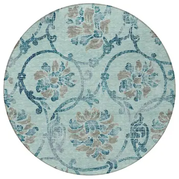 8' Teal Blue Gray And Aqua Round Floral Washable Indoor Outdoor Area Rug