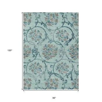 8' X 10' Teal Blue Gray And Aqua Floral Washable Indoor Outdoor Area Rug