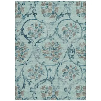 8' X 10' Teal Blue Gray And Aqua Floral Washable Indoor Outdoor Area Rug