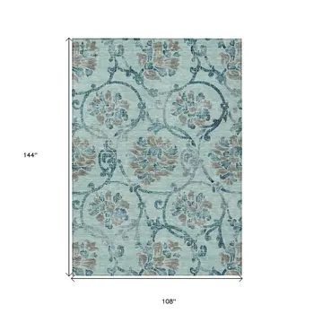 9' X 12' Teal Blue Gray And Aqua Floral Washable Indoor Outdoor Area Rug
