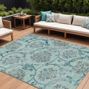 9' X 12' Teal Blue Gray And Aqua Floral Washable Indoor Outdoor Area Rug