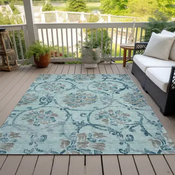 10' X 14' Teal Blue Gray And Aqua Floral Washable Indoor Outdoor Area Rug