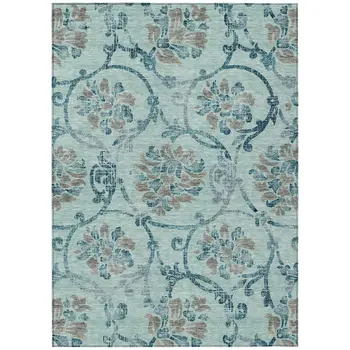 10' X 14' Teal Blue Gray And Aqua Floral Washable Indoor Outdoor Area Rug